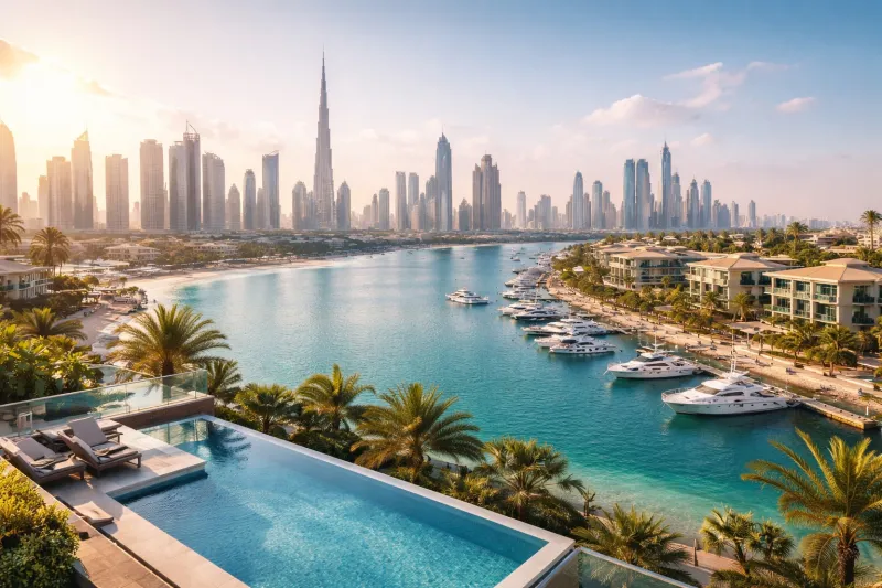 Dubai skyline at sunset from balcony