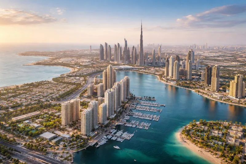 Dubai skyline at golden hour