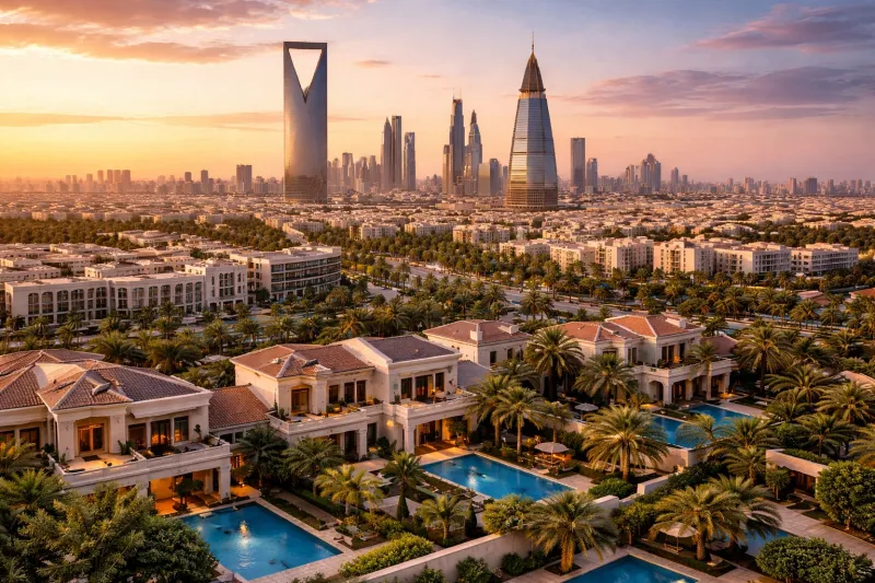 Luxury villas and Riyadh skyline at sunset