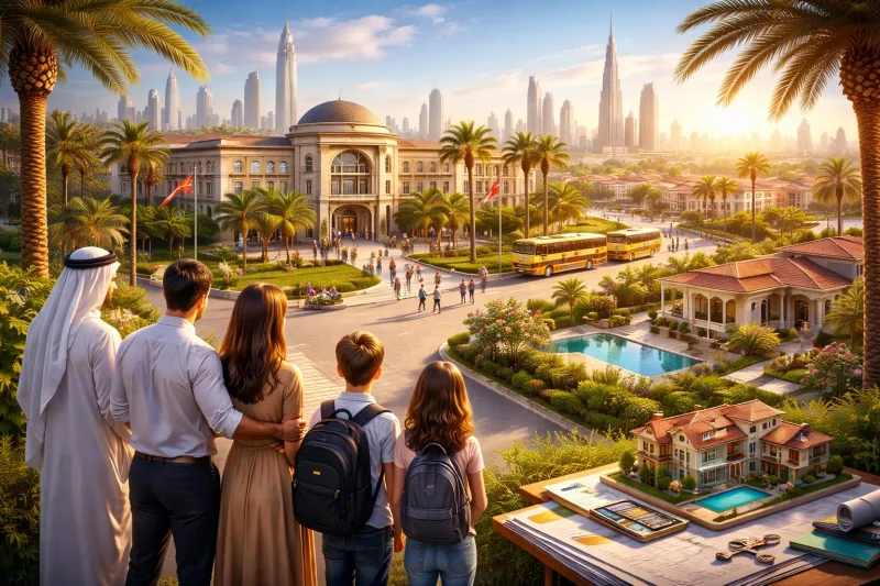 Family admiring a prestigious school in UAE