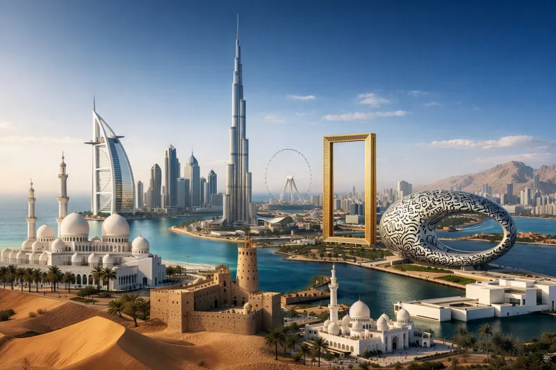 UAE landmarks under a vibrant sky