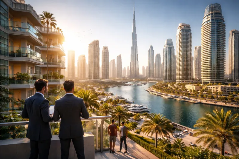 Luxury cityscape with business professionals