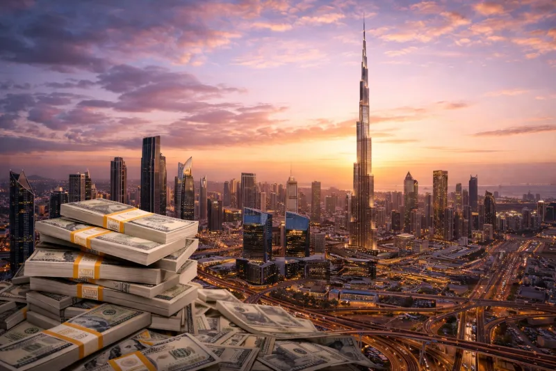 Dubai skyline and dollars at sunset