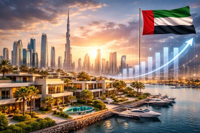 Luxurious Dubai skyline with financial growth