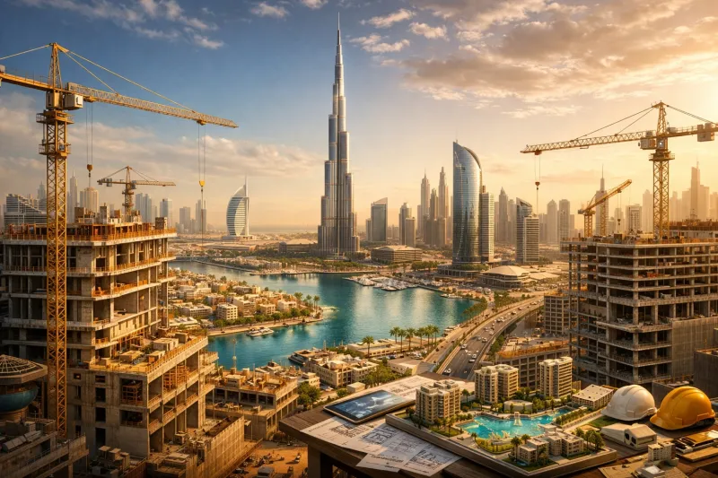 Futuristic Dubai skyline at sunset