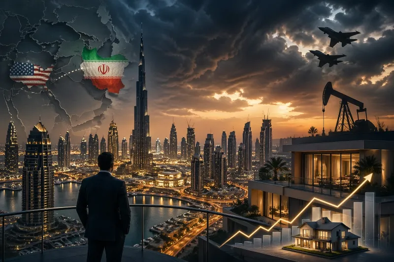 Geopolitics and growth over a city skyline