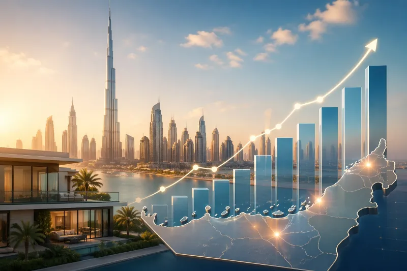 Futuristic cityscape with growth indicators