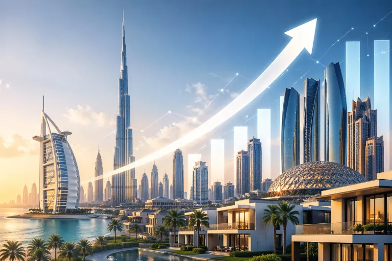 Modern skyline with growth indicators