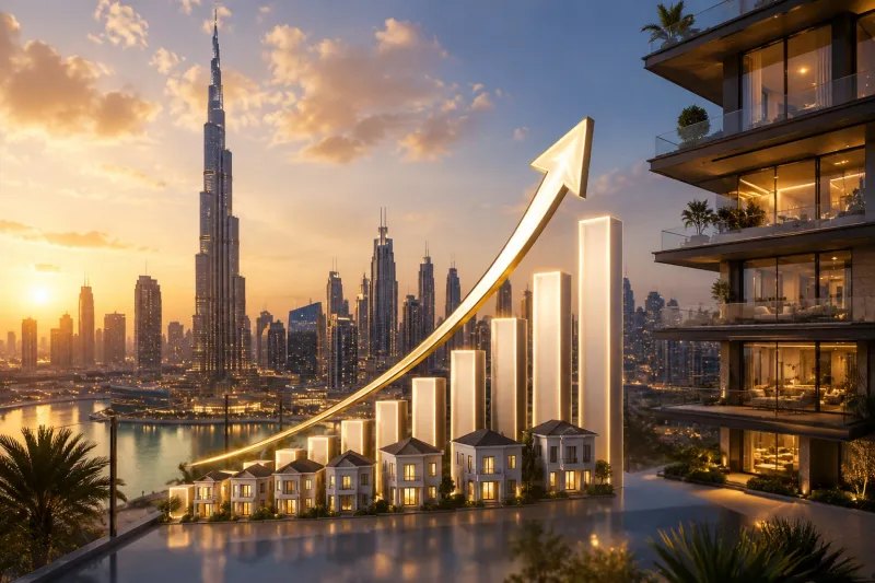 Golden-hour cityscape with growth indicators