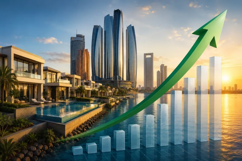 Coastal city skyline with financial growth