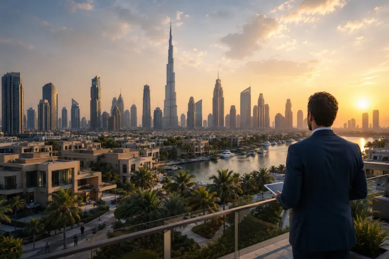 Luxury waterfront sunset cityscape view