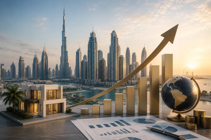 Futuristic cityscape with growth visuals