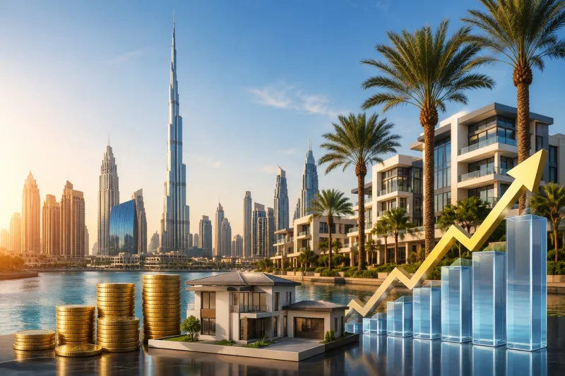 Modern skyline with growth symbols