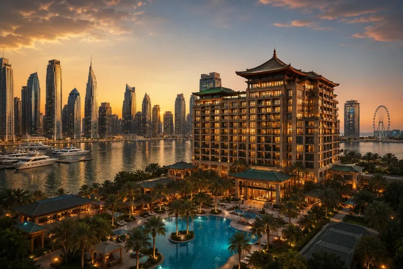 Golden hour at a luxurious waterfront resort