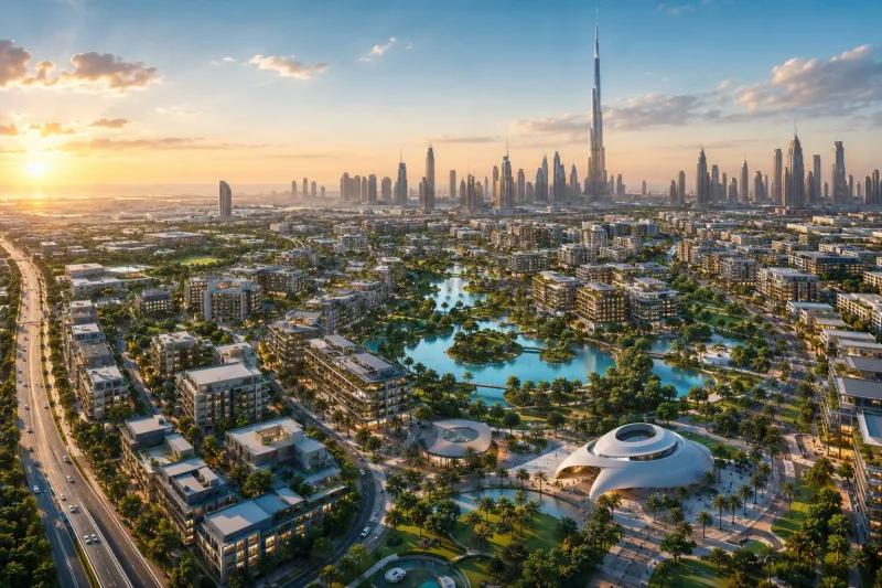 Futuristic cityscape at sunset