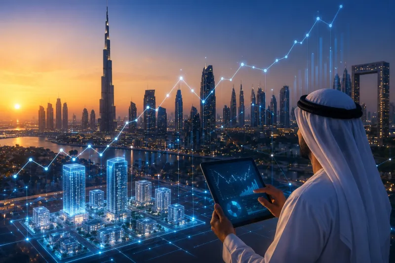 Futuristic Middle Eastern cityscape at dusk