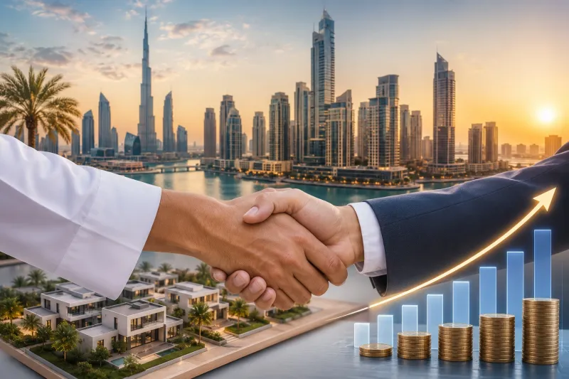 Business deal in modern cityscape
