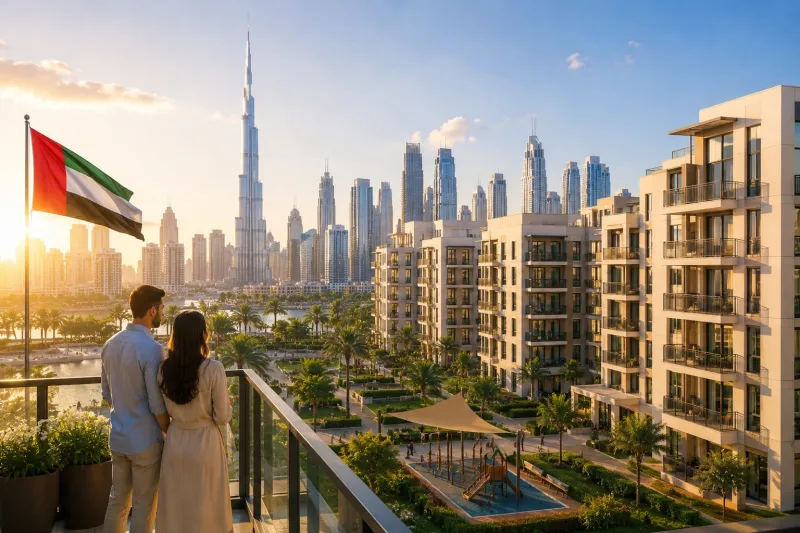 Sunset over a modern Dubai waterfront