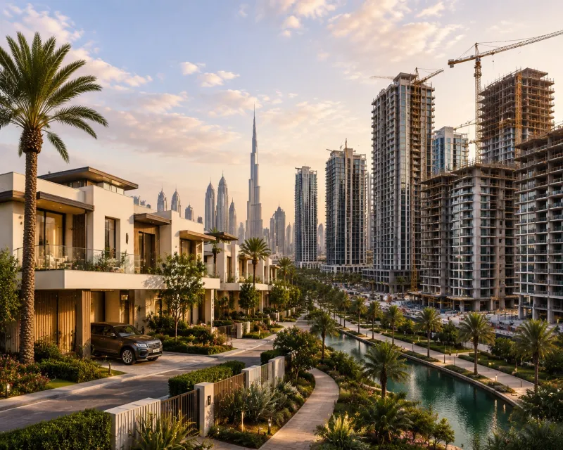 Modern villas and urban skyline at sunset