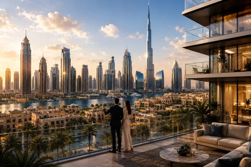 Luxury waterfront view at sunset