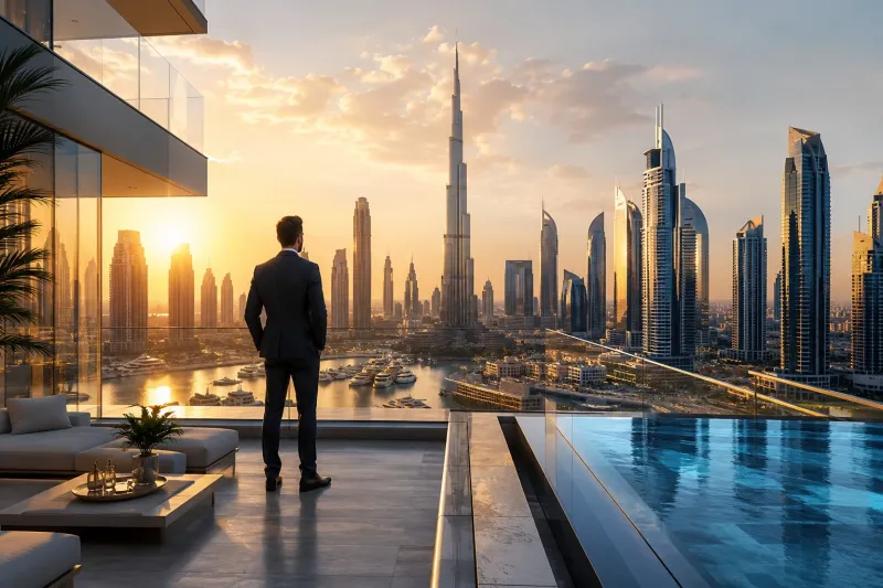 Sunset skyline from a luxury terrace