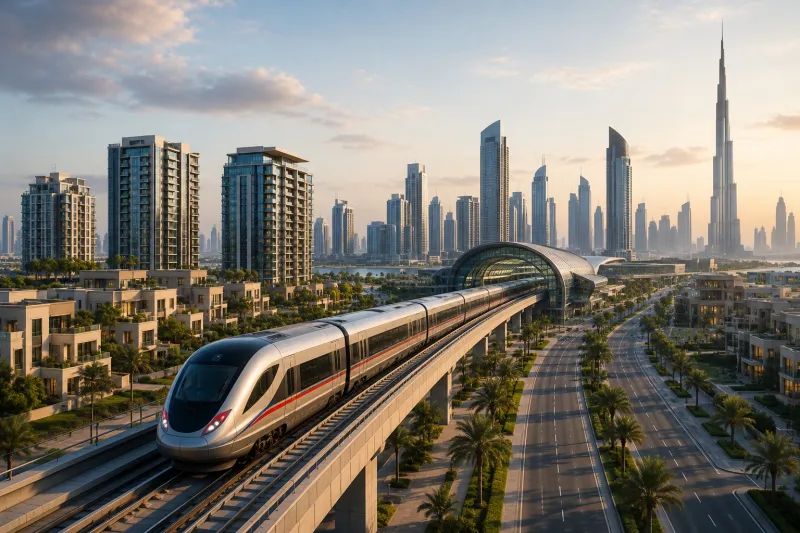 Futuristic cityscape at sunset with train