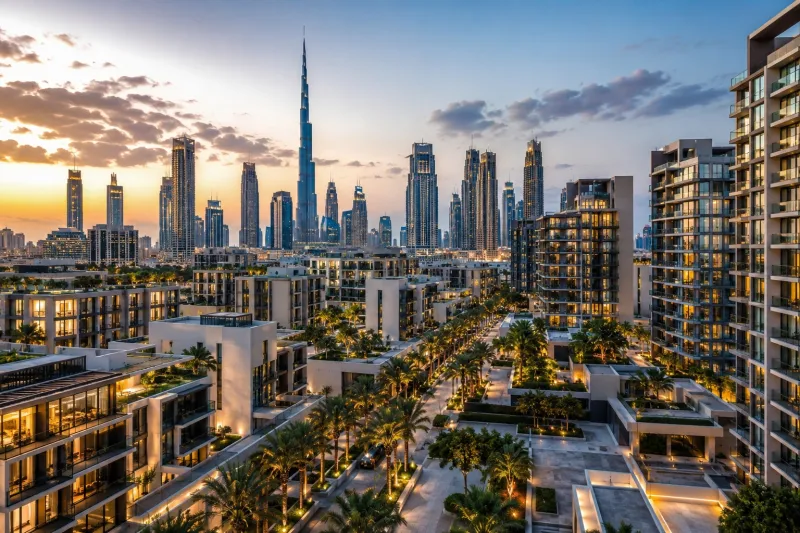Golden-Hour Skyline and Palm-Lined Residences