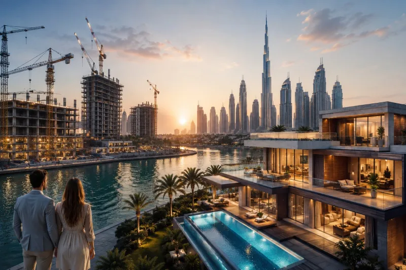 Golden-Hour Waterfront Skyline and Villa