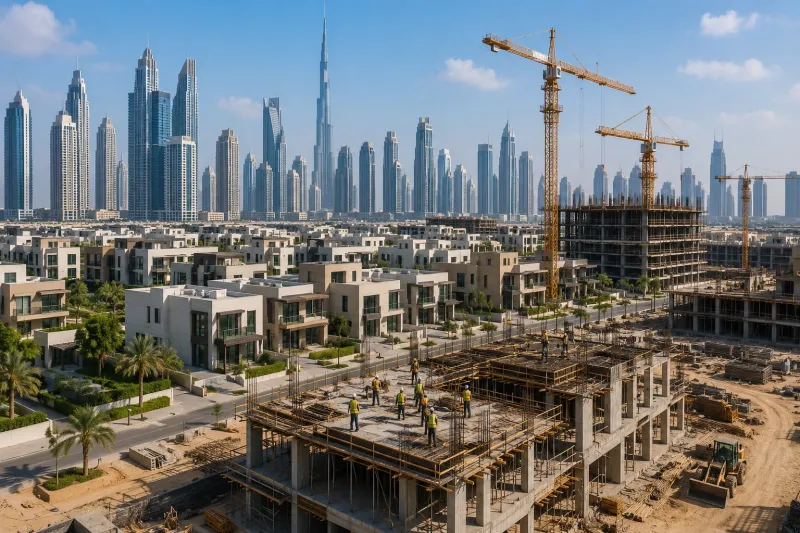 Dubai Skyline Over Active Construction Site